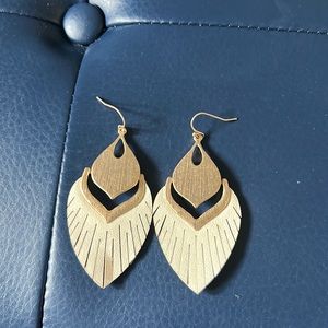 Gold white leather faux feather earrings